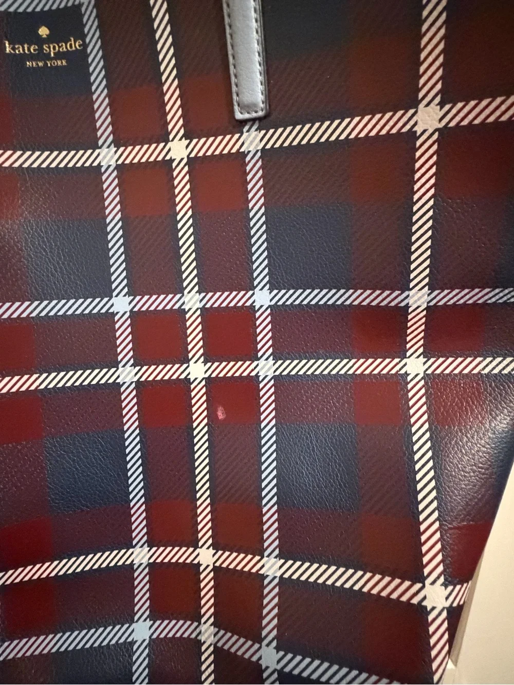 kate spade Plaid Leather Tote - Navy & Burgundy with Light Blue Handles